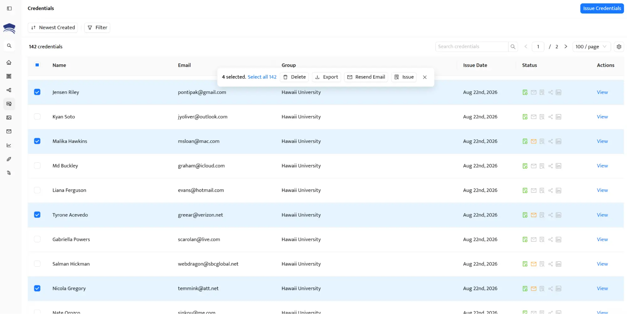 Panel de gestion de credenciales de Certifier mostrando una lista de credenciales emitidas — plataforma de insignias digitales con gestion de credenciales completa. Panel de gestion de credenciales de Certifier mostrando una lista de credenciales emitidas — plataforma de insignias digitales con gestion de credenciales completa.