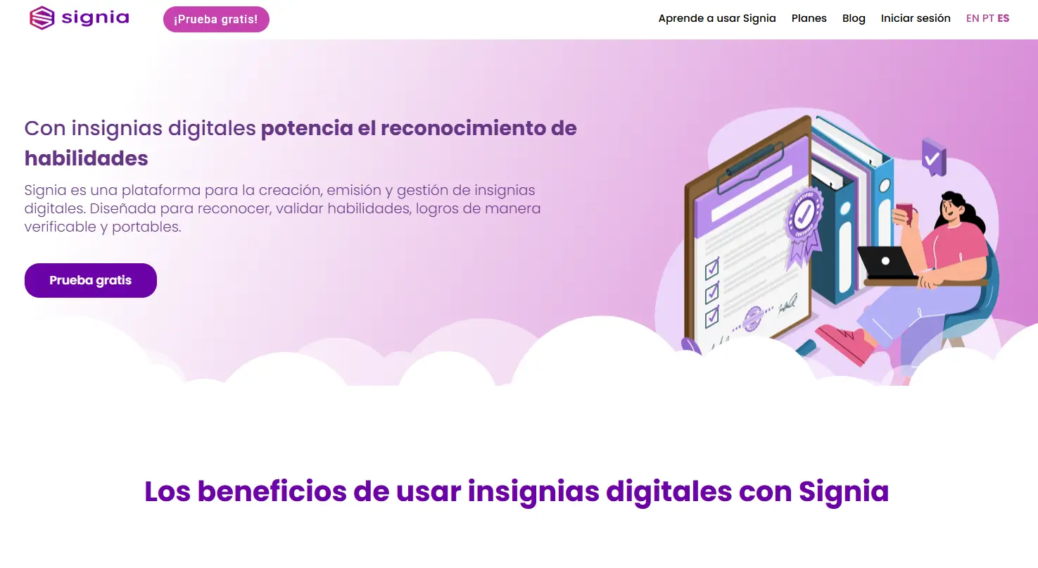 Pagina de inicio de Signia (in-signia.io), plataforma de insignias digitales latinoamericana certificada por 1EdTech con el estandar Open Badges para gestion de credenciales verificables en la nube Pagina de inicio de Signia (in-signia.io), plataforma de insignias digitales latinoamericana certificada por 1EdTech con el estandar Open Badges para gestion de credenciales verificables en la nube