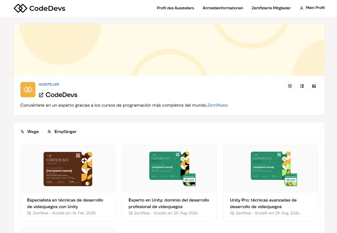 Pagina de perfil del emisor en Certifier, plataforma de insignias digitales para la gestion de credenciales con directorio publico verificable. Pagina de perfil del emisor en Certifier, plataforma de insignias digitales para la gestion de credenciales con directorio publico verificable.