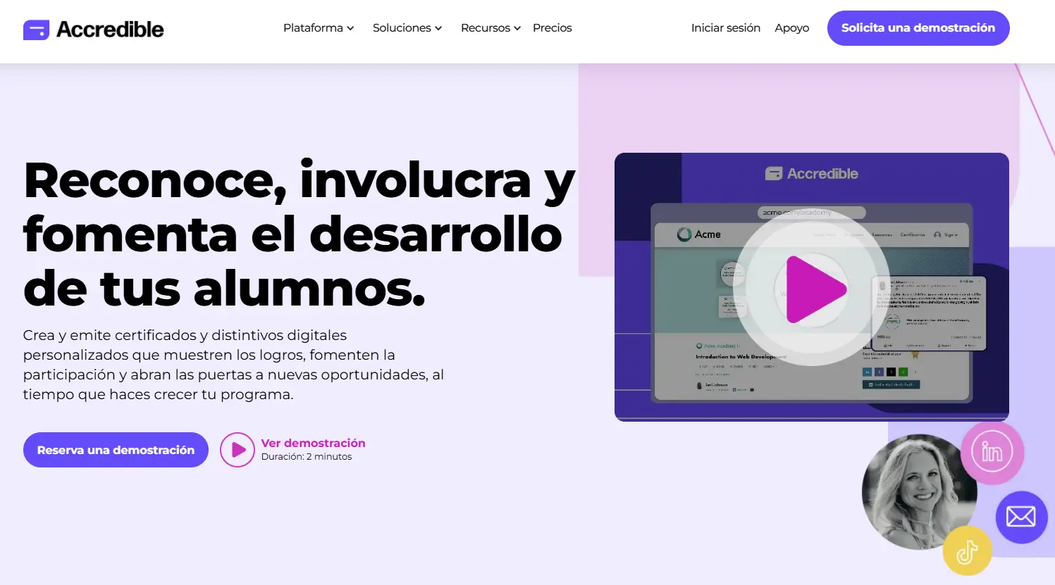 Pagina de inicio de Accredible, plataforma de credenciales digitales y herramienta de gestion de credenciales para la emision de certificados y badges. Pagina de inicio de Accredible, plataforma de credenciales digitales y herramienta de gestion de credenciales para la emision de certificados y badges.