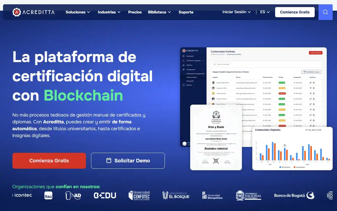 Acreditta, plataforma de insignias digitales con blockchain para America Latina, que muestra funciones de emision de credenciales digitales verificables y gestion de credenciales. Acreditta, plataforma de insignias digitales con blockchain para America Latina, que muestra funciones de emision de credenciales digitales verificables y gestion de credenciales.