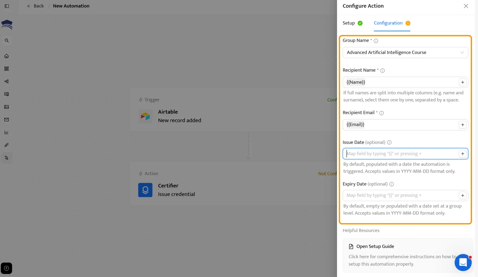 Certifier field mapping screen connecting Airtable columns to certificate dynamic attributes; next step of how to generate certificate Airtable data. Certifier field mapping screen connecting Airtable columns to certificate dynamic attributes; next step of how to generate certificate Airtable data.