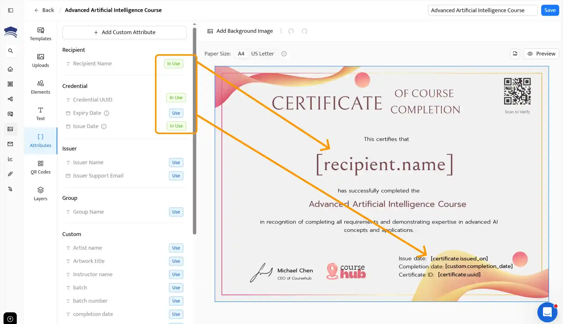 Certifier drag-and-drop certificate editor with dynamic attributes for generating certificates from Airtable data; next step of how to generate certificate Airtable data. Certifier drag-and-drop certificate editor with dynamic attributes for generating certificates from Airtable data; next step of how to generate certificate Airtable data.