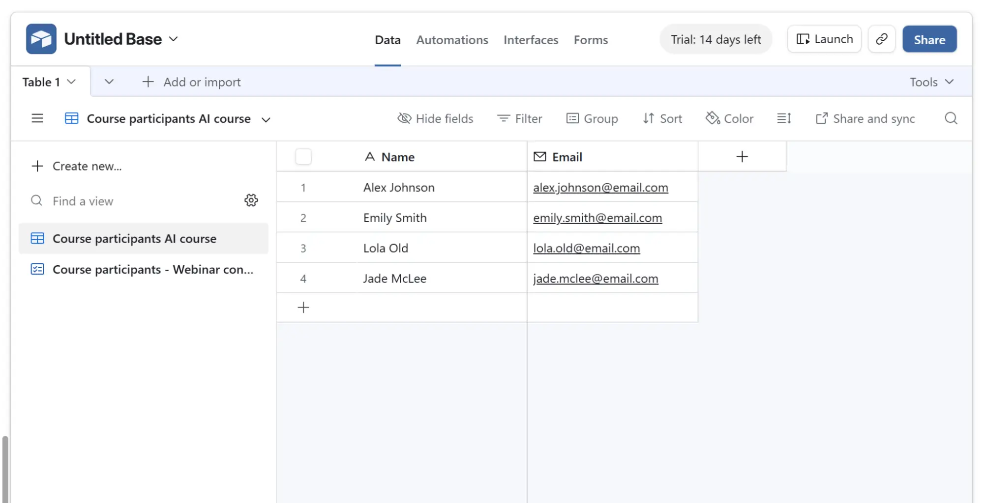 Airtable table prepared for Airtable certificate automation including recipient name and email columns. Airtable table prepared for Airtable certificate automation including recipient name and email columns.