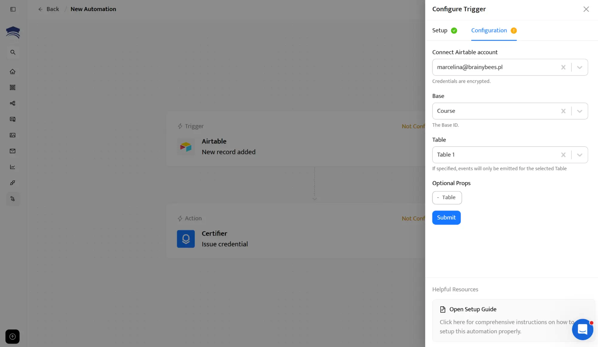 Certifier prompting user to connect their Airtable account for certificate automation; next step of how to generate certificate Airtable data. Certifier prompting user to connect their Airtable account for certificate automation; next step of how to generate certificate Airtable data.
