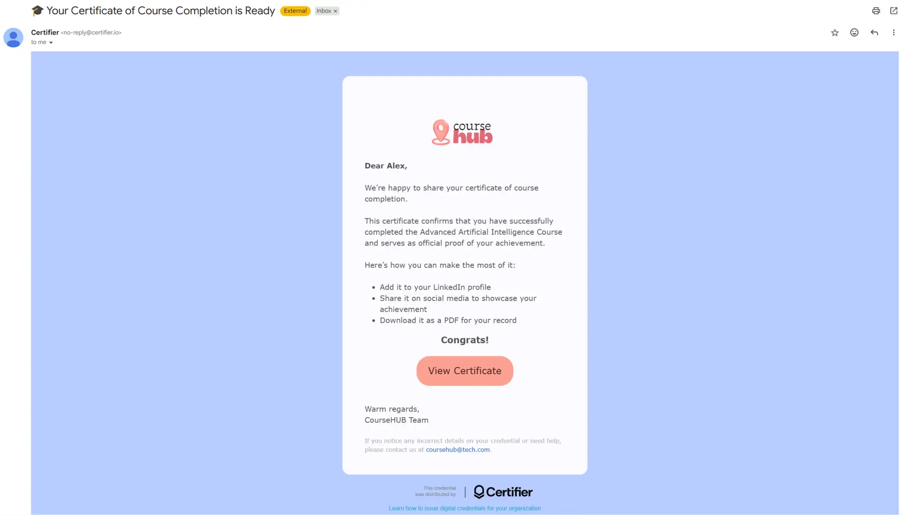 Branded delivery email about achieving the Airtable certificate. Branded delivery email about achieving the Airtable certificate.