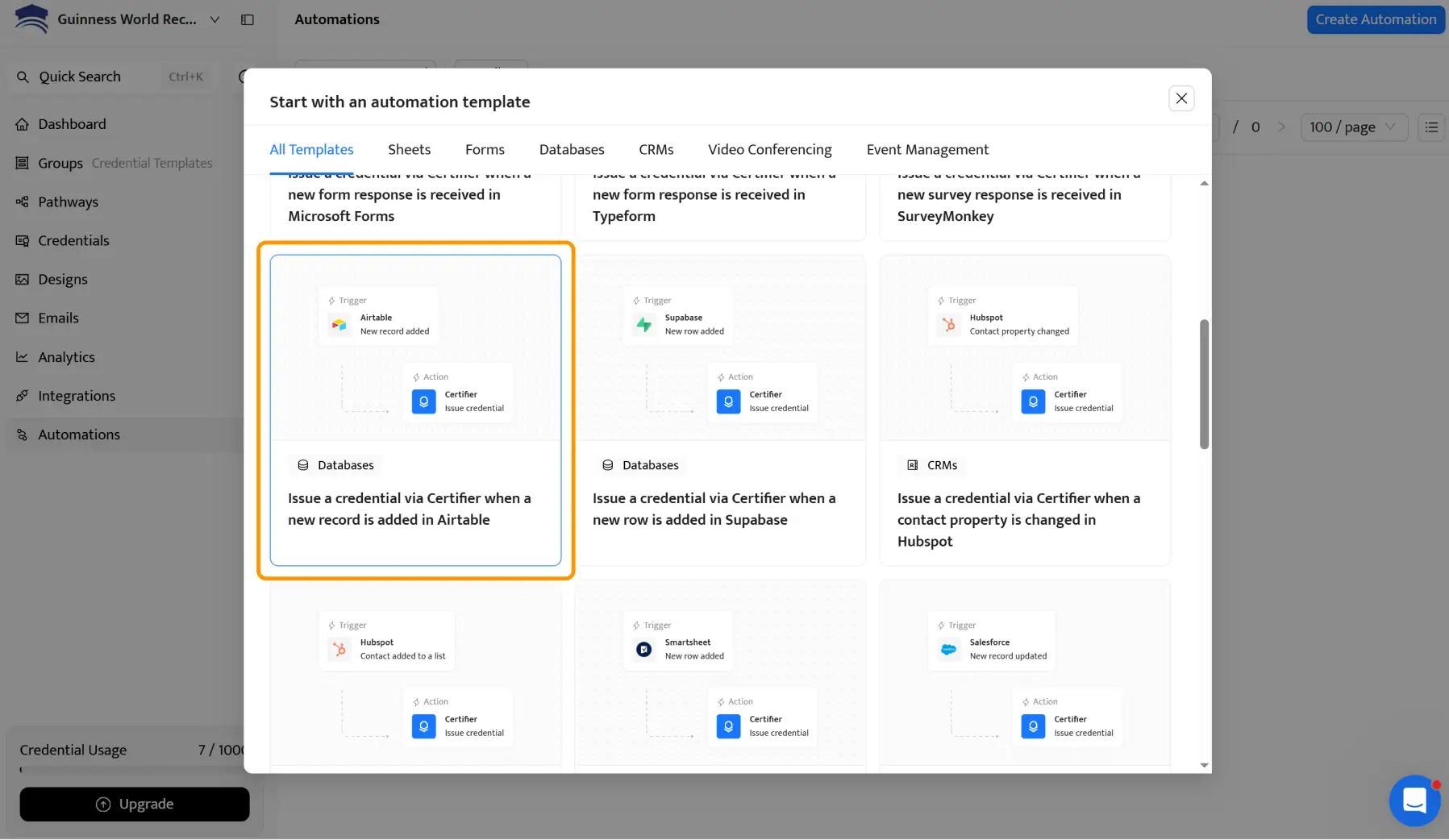 Certifier automations panel showing Airtable integration template for automatic credential issuance; one of the steps on how to automate PDF generation from airtable data. Certifier automations panel showing Airtable integration template for automatic credential issuance; one of the steps on how to automate PDF generation from airtable data.