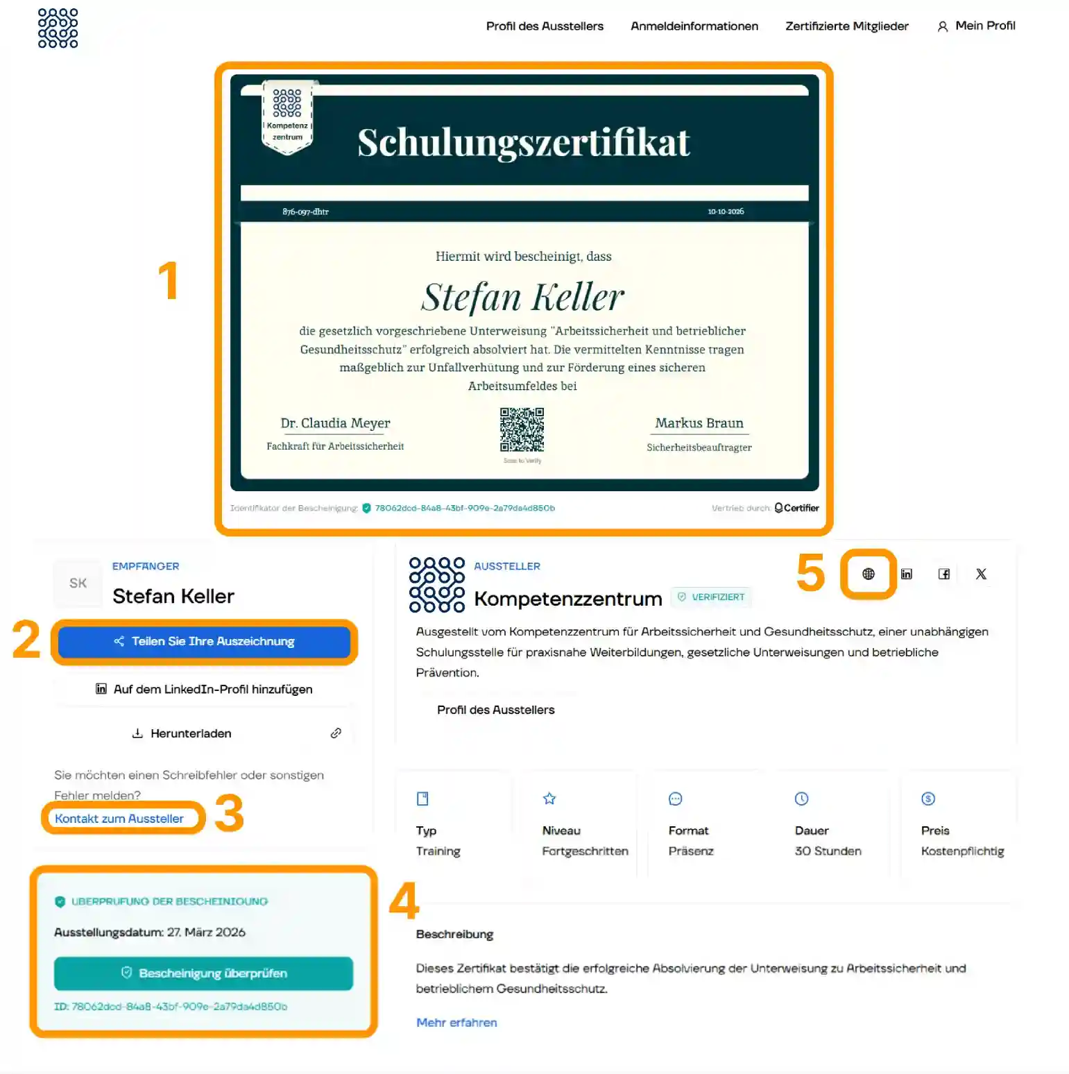 Digitale Zertifikatsseite mit markierten Bereichen für Vorschau, Teilen, Kontakt, Verifizierung und Social Media. Digitale Zertifikatsseite mit markierten Bereichen für Vorschau, Teilen, Kontakt, Verifizierung und Social Media.