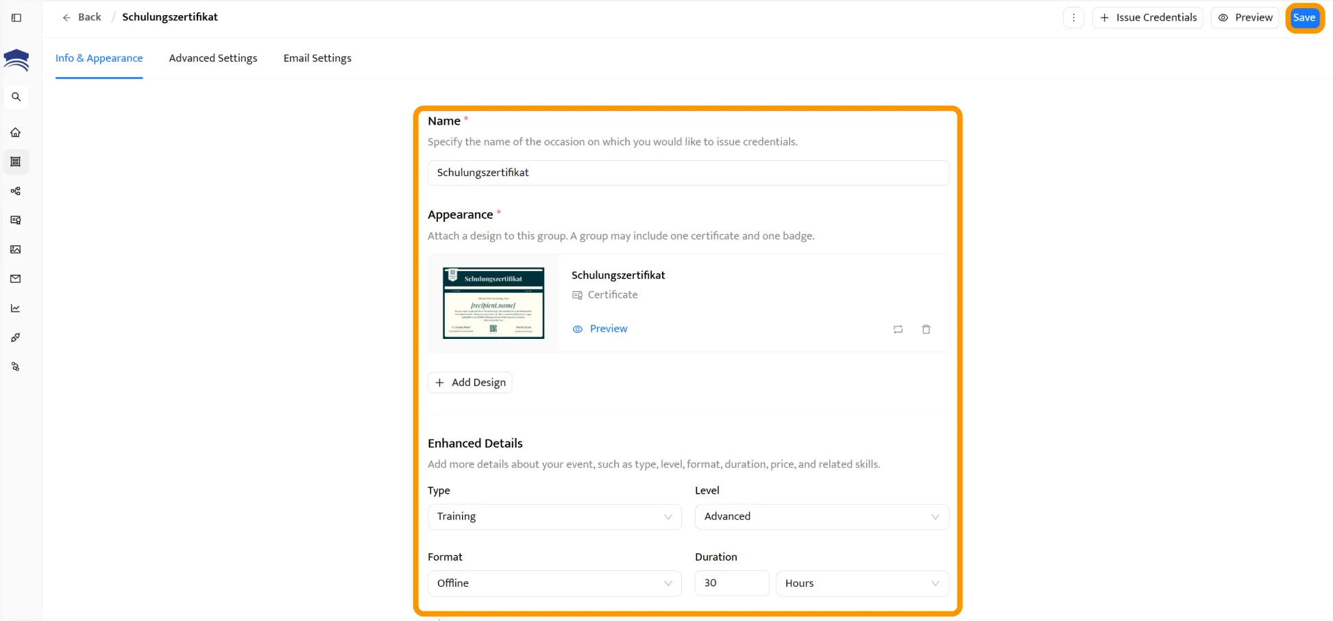 Certifier-Oberfläche mit Gruppeneinstellungen, um ein Schulungszertifikat zu erstellen und für den Versand vorzubereiten. Certifier-Oberfläche mit Gruppeneinstellungen, um ein Schulungszertifikat zu erstellen und für den Versand vorzubereiten.