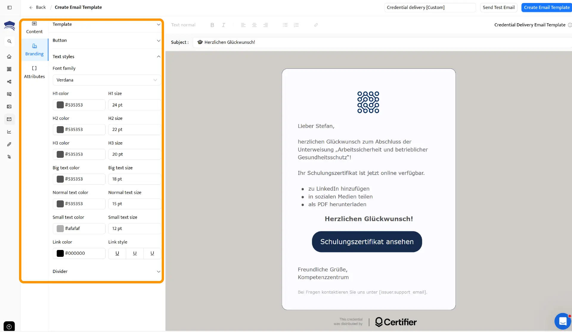 Certifier-Oberfläche zum Erstellen einer E-Mail-Vorlage, um ein Schulungszertifikat zu erstellen und zu versenden. Die Vorschau rechts zeigt eine Glückwunschnachricht zum Kursabschluss. Certifier-Oberfläche zum Erstellen einer E-Mail-Vorlage, um ein Schulungszertifikat zu erstellen und zu versenden. Die Vorschau rechts zeigt eine Glückwunschnachricht zum Kursabschluss.