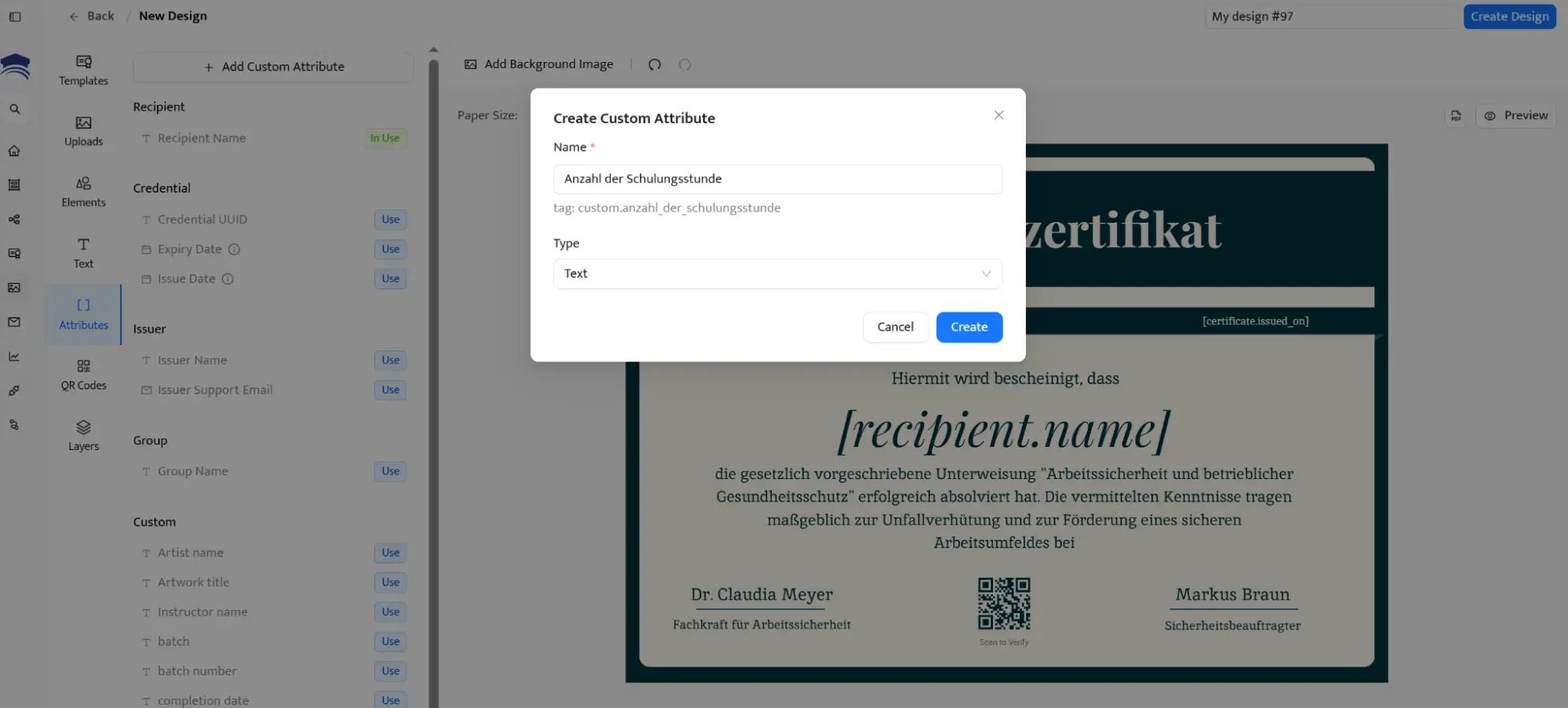 Nahaufnahme im Certifier-Editor, die zeigt, wie ein benutzerdefiniertes Attribut hinzugefügt wird, um ein Schulungszertifikat zu erstellen. Nahaufnahme im Certifier-Editor, die zeigt, wie ein benutzerdefiniertes Attribut hinzugefügt wird, um ein Schulungszertifikat zu erstellen.