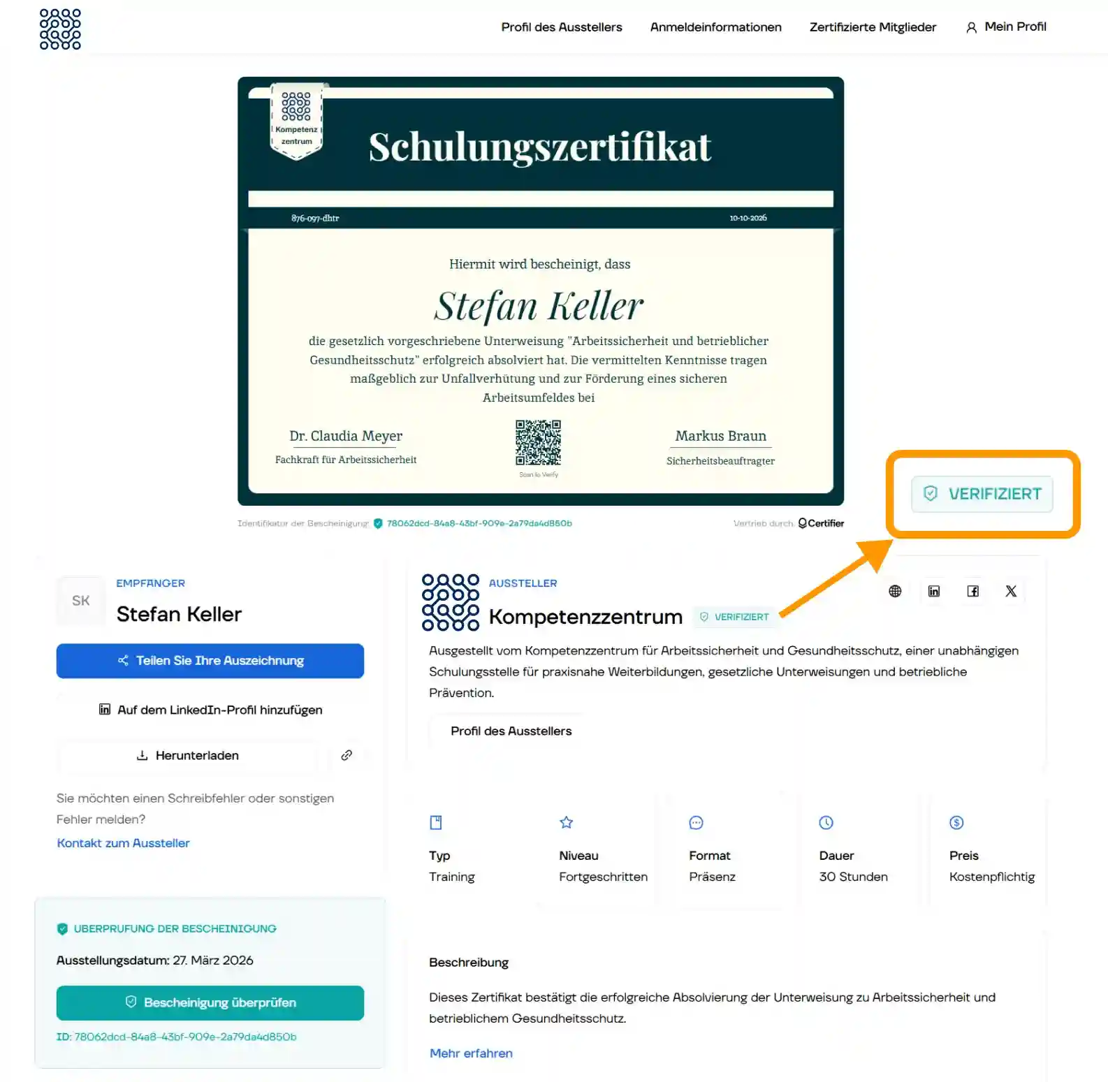 Nahaufnahme der digitalen Wallet von Certifier mit einem verifizierten Schulungszertifikat und dem Abzeichen „Verified Issuer“, um Vertrauen und Glaubwürdigkeit beim Schulungszertifikat erstellen zu stärken. Nahaufnahme der digitalen Wallet von Certifier mit einem verifizierten Schulungszertifikat und dem Abzeichen „Verified Issuer“, um Vertrauen und Glaubwürdigkeit beim Schulungszertifikat erstellen zu stärken.