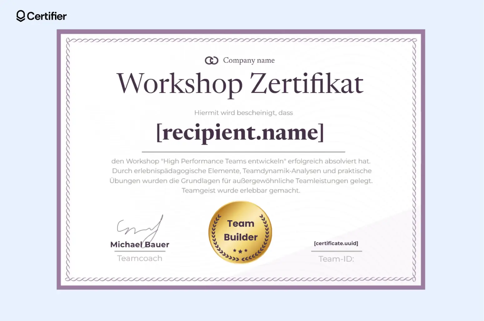 Ein elegantes Workshop-Zertifikat, das die erfolgreiche Teilnahme an einem Teamworkshop oder beruflichen Weiterbildungsprogramm bestätigt. Ein elegantes Workshop-Zertifikat, das die erfolgreiche Teilnahme an einem Teamworkshop oder beruflichen Weiterbildungsprogramm bestätigt.