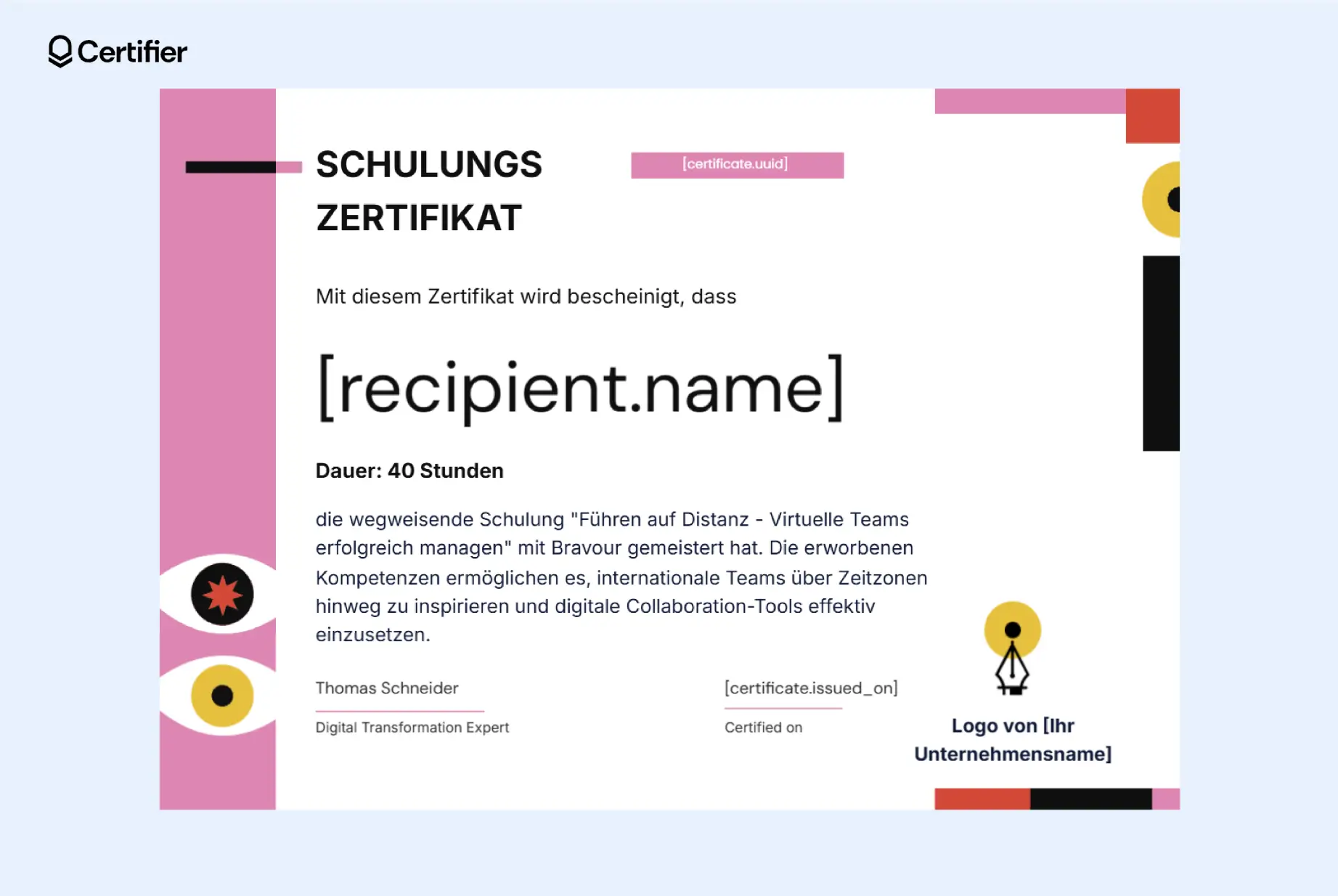 Ein modernes Schulungszertifikat mit auffälligem, kreativem Design, das den erfolgreichen Abschluss eines professionellen Trainings oder Weiterbildungsprogramms bestätigt. Ein modernes Schulungszertifikat mit auffälligem, kreativem Design, das den erfolgreichen Abschluss eines professionellen Trainings oder Weiterbildungsprogramms bestätigt.