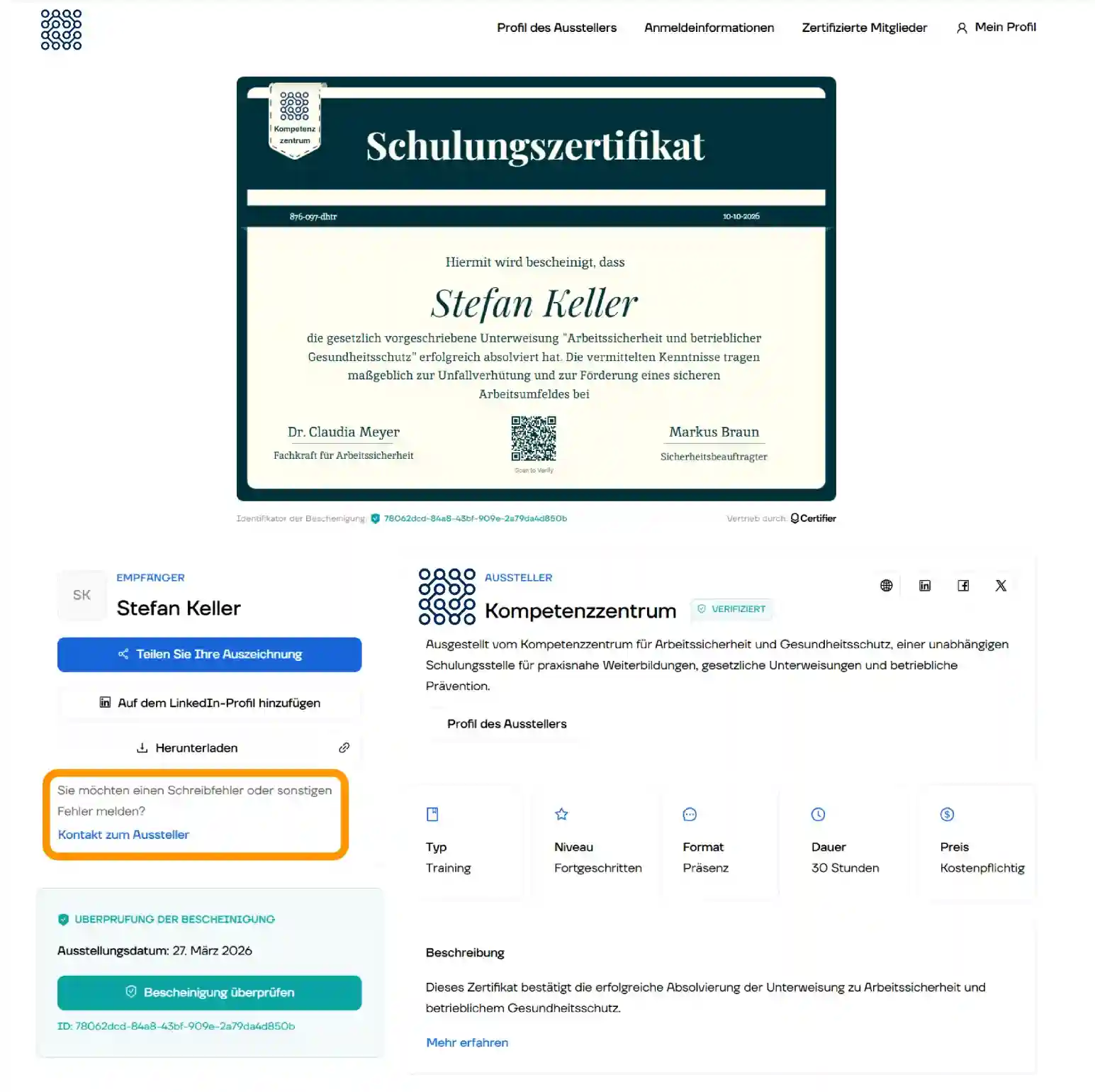 Nahaufnahme der digitalen Wallet von Certifier mit einer Funktion, um Tippfehler oder Fehler in einem Schulungszertifikat zu melden. Nahaufnahme der digitalen Wallet von Certifier mit einer Funktion, um Tippfehler oder Fehler in einem Schulungszertifikat zu melden.