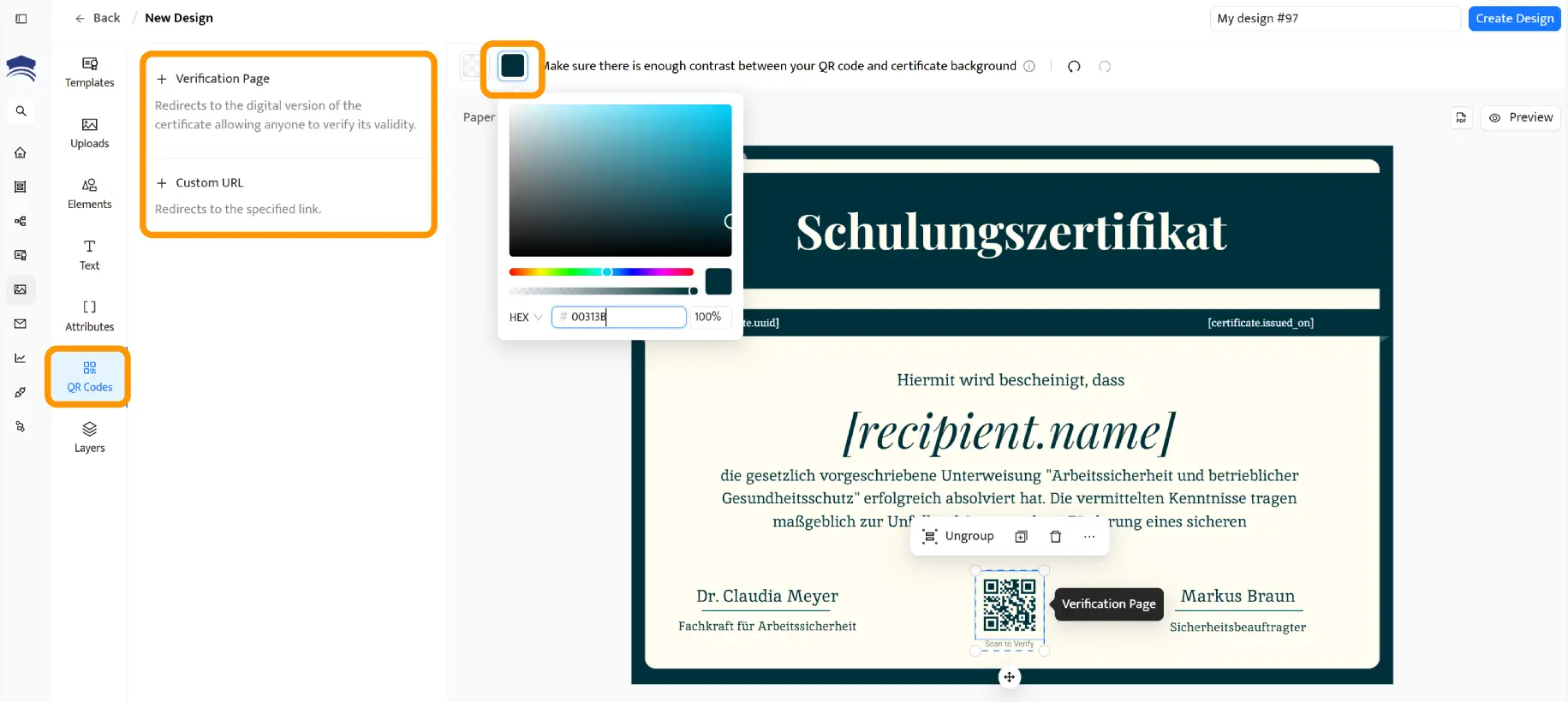 Certifier-Vorlageneditor mit Funktion zur Farbanpassung des QR-Codes, um ein Schulungszertifikat zu erstellen. Certifier-Vorlageneditor mit Funktion zur Farbanpassung des QR-Codes, um ein Schulungszertifikat zu erstellen.