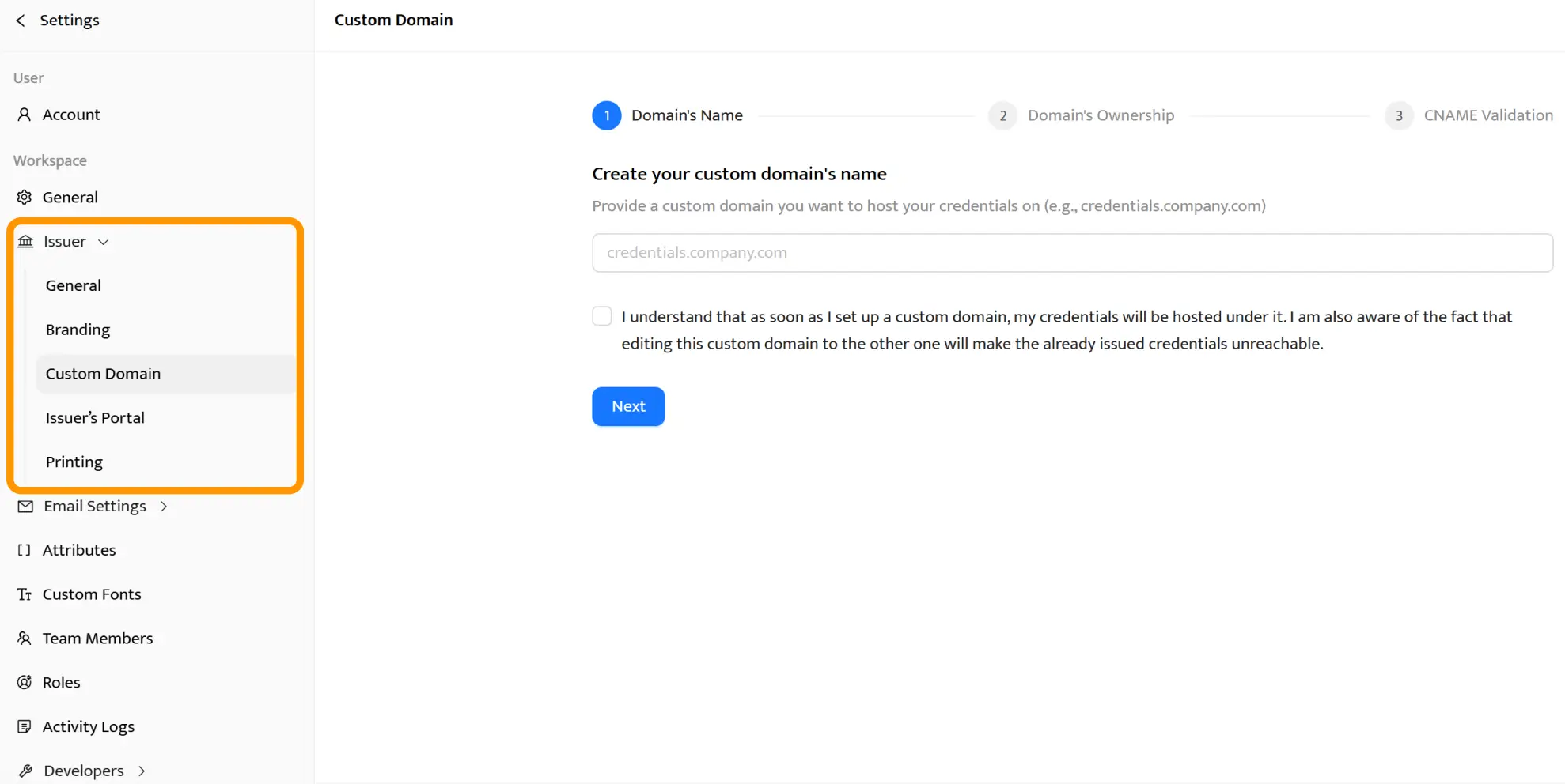 Certifier organization settings screen for setting up an issuer profile to issue digital badges for professional development and internal employee training. Certifier organization settings screen for setting up an issuer profile to issue digital badges for professional development and internal employee training.
