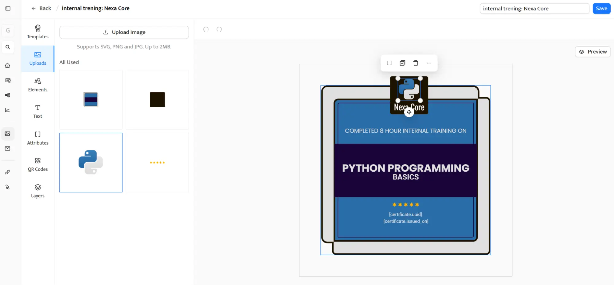 Certifier badge design editor showing digital badge for an internal employee training program and professional development credential. Certifier badge design editor showing digital badge for an internal employee training program and professional development credential.