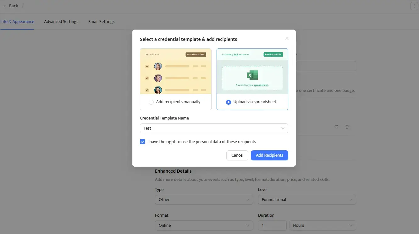 Uploading a list of recipients via spreadsheet upload. Uploading a list of recipients via spreadsheet upload.