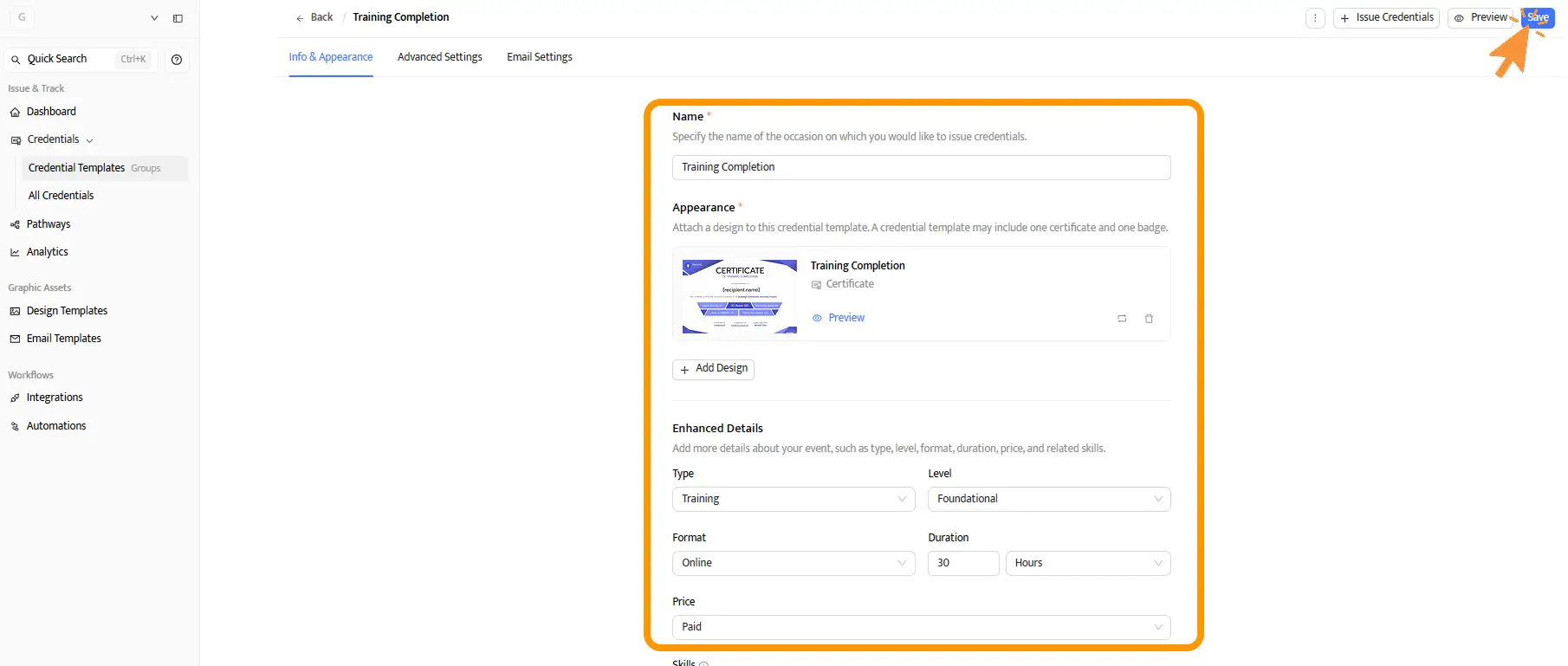 Certifier credential template creation screen with SurveyMonkey certificate selected as the certificate design, highlighting the use of a SurveyMonkey certificate of completion template and certificate of completion after survey. Certifier credential template creation screen with SurveyMonkey certificate selected as the certificate design, highlighting the use of a SurveyMonkey certificate of completion template and certificate of completion after survey.