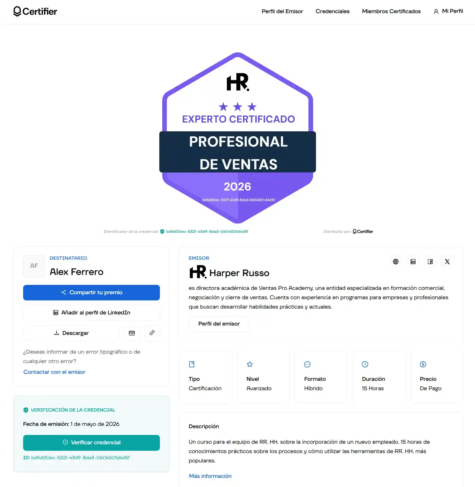 Alternativa a Credly de Certifier y su vista de destinatario para gestionar Credly insignias y credenciales digitales. Alternativa a Credly de Certifier y su vista de destinatario para gestionar Credly insignias y credenciales digitales.