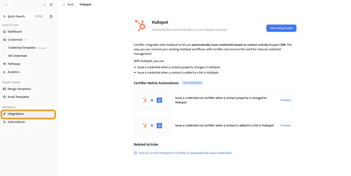 Certifier HubSpot digital credentials integration setup screen–CRM trigger-based automated issuance configuration. Certifier HubSpot digital credentials integration setup screen–CRM trigger-based automated issuance configuration.