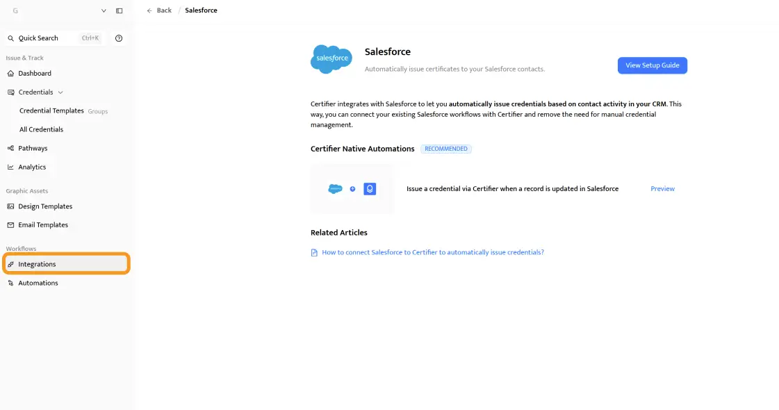 Salesforce certificate integration screen in Certifier showing native automation setup for issuing credentials when Salesforce records update. Salesforce certificate integration screen in Certifier showing native automation setup for issuing credentials when Salesforce records update.