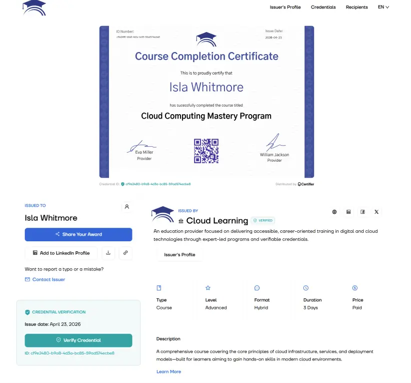 Certifier, a digital credentialing platform showing a verified course completion certificate, issuer profile, sharing options and credential verification panel. Certifier, a digital credentialing platform showing a verified course completion certificate, issuer profile, sharing options and credential verification panel.