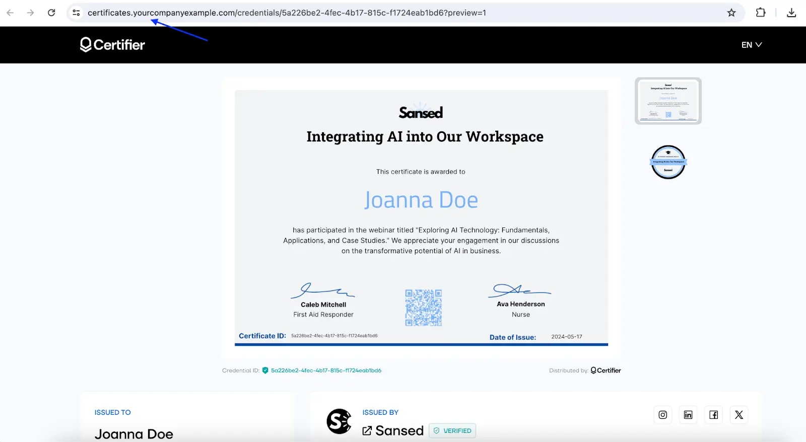 Certifier credential page with a custom domain, certificate preview, badge preview, and social share buttons for digital badges for marketing. Certifier credential page with a custom domain, certificate preview, badge preview, and social share buttons for digital badges for marketing.