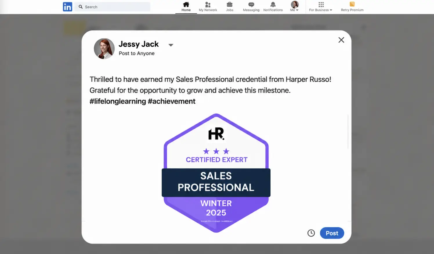 Pre-filled LinkedIn post with LinkedIn certification badge and verification URL; generated from Certifier. Pre-filled LinkedIn post with LinkedIn certification badge and verification URL; generated from Certifier.