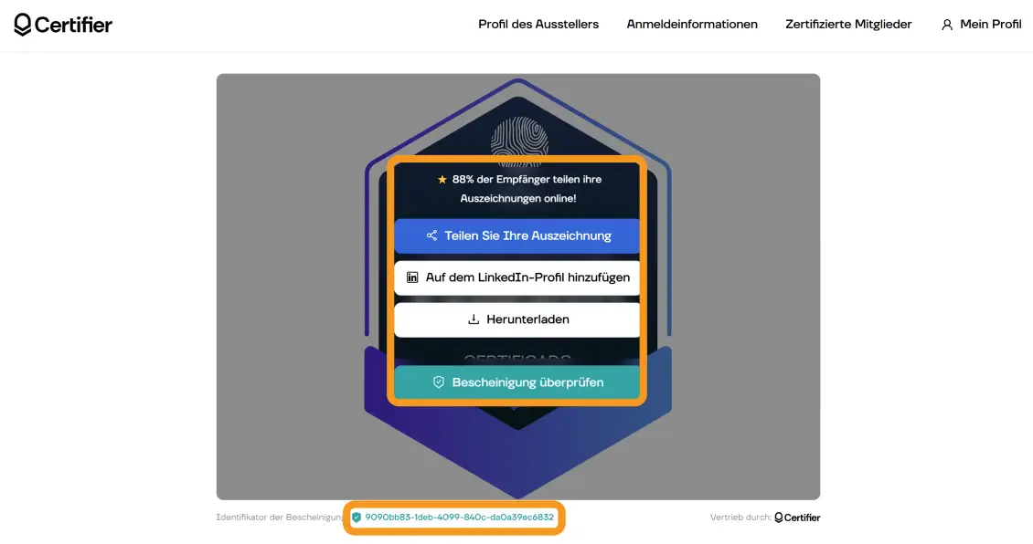 Certifier-Bescheinigungsseite mit Optionen zum Teilen, LinkedIn-Hinzufügen, Herunterladen und Verifizieren des Open Badges. Certifier-Bescheinigungsseite mit Optionen zum Teilen, LinkedIn-Hinzufügen, Herunterladen und Verifizieren des Open Badges.