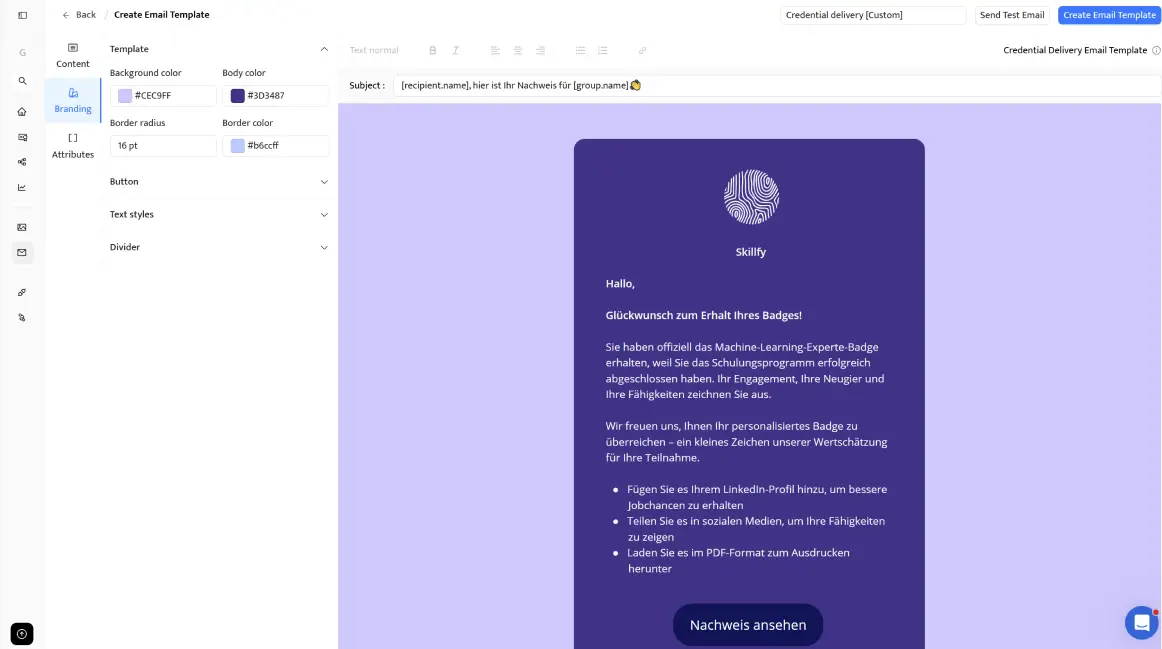 Certifier-E-Mail-Editor zum Erstellen einer Badge-Zustellungs-E-Mail mit personalisiertem Open-Badge-Inhalt Certifier-E-Mail-Editor zum Erstellen einer Badge-Zustellungs-E-Mail mit personalisiertem Open-Badge-Inhalt