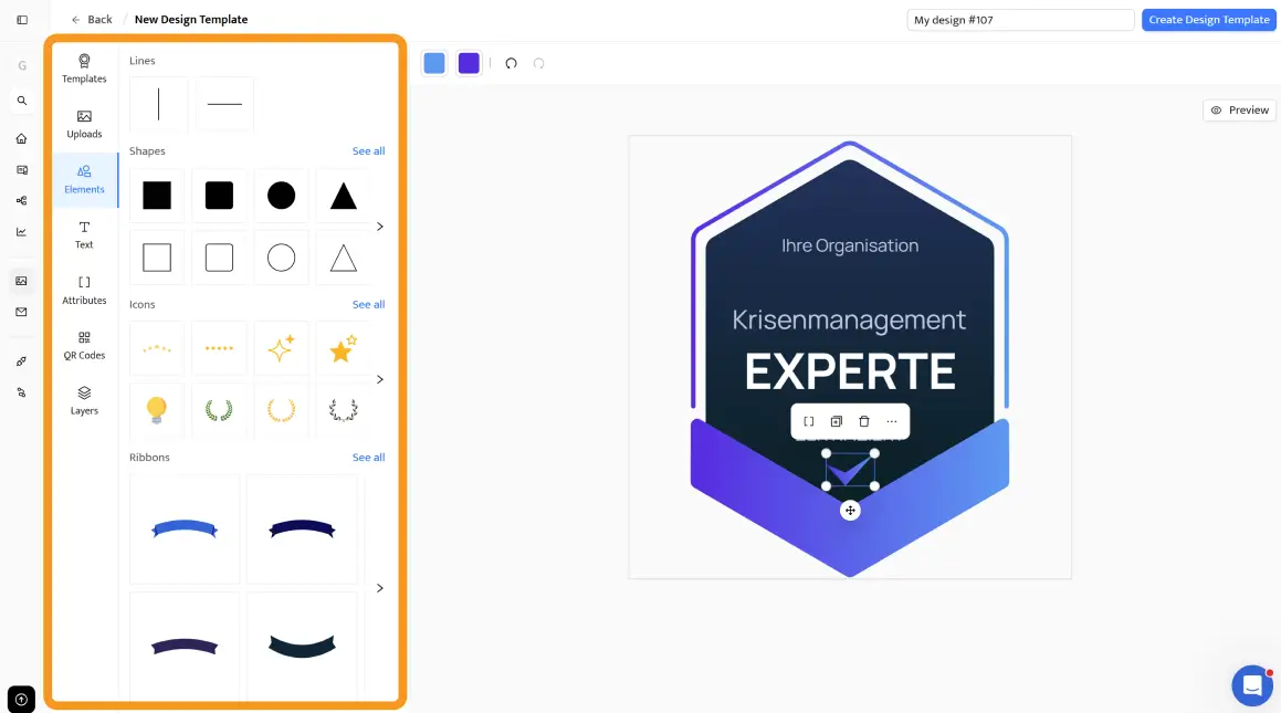 Certifier-Editor zum Erstellen einer Open-Badge-Designvorlage mit Formen, Linien, Symbolen und Badge-Layout. Certifier-Editor zum Erstellen einer Open-Badge-Designvorlage mit Formen, Linien, Symbolen und Badge-Layout.