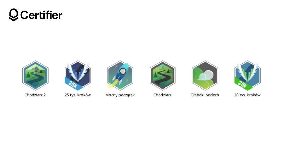 Przykłady odznak Garmin Connect za kroki, chodzenie i aktywność fizyczną. Przykłady odznak Garmin Connect za kroki, chodzenie i aktywność fizyczną.