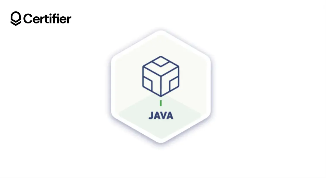 Odznaka cyfrowa Java od Kodilli z ikoną sześcianu i napisem Java. Odznaka cyfrowa Java od Kodilli z ikoną sześcianu i napisem Java.