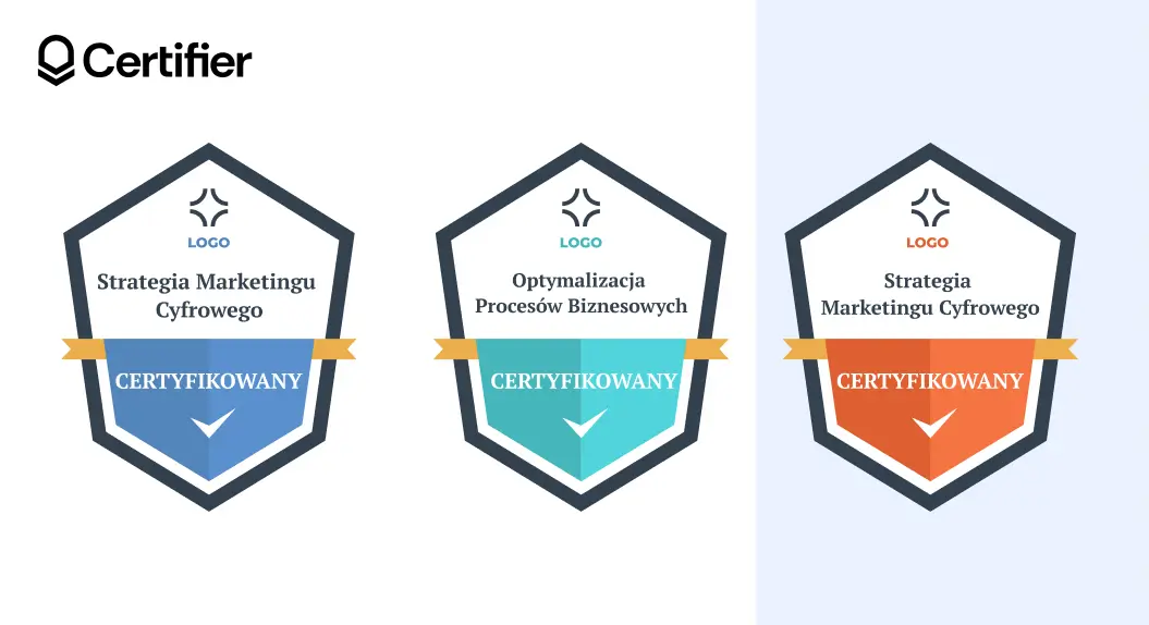 Przykłady odznak cyfrowych w kształcie tarczy w kolorach niebieskim i czerwonym z miejscem na logo. Przykłady odznak cyfrowych w kształcie tarczy w kolorach niebieskim i czerwonym z miejscem na logo.