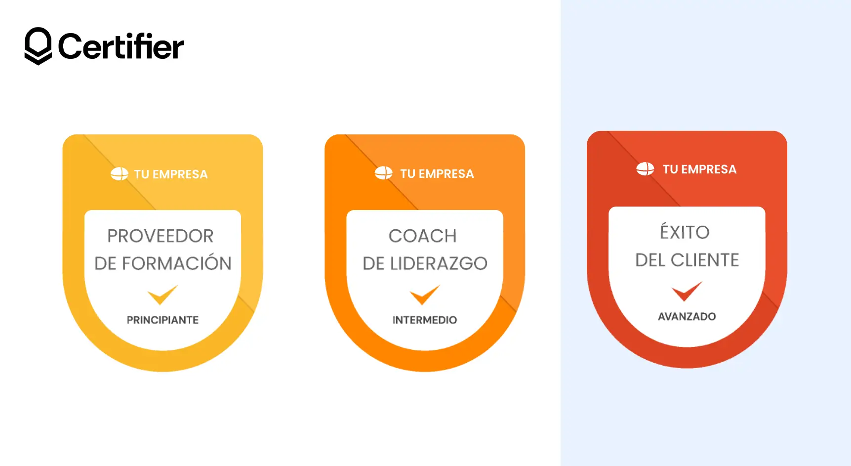 Ejemplos de insignias digitales de Certifier con forma de escudo, disponibles en tres colores, con espacio para imagen e insignia y logotipo. Ejemplos de insignias digitales de Certifier con forma de escudo, disponibles en tres colores, con espacio para imagen e insignia y logotipo.