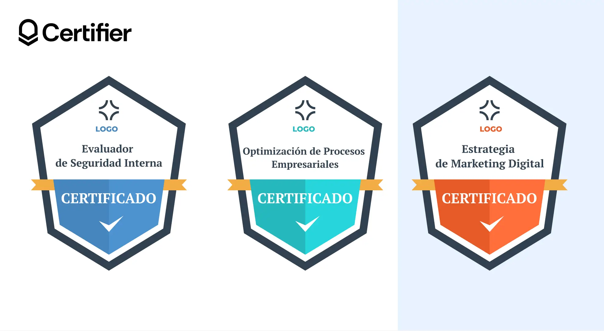 Ejemplos de insignias digitales tipo escudo en azul y rojo, con espacio para mensaje y logotipo. Ejemplos de insignias digitales tipo escudo en azul y rojo, con espacio para mensaje y logotipo.