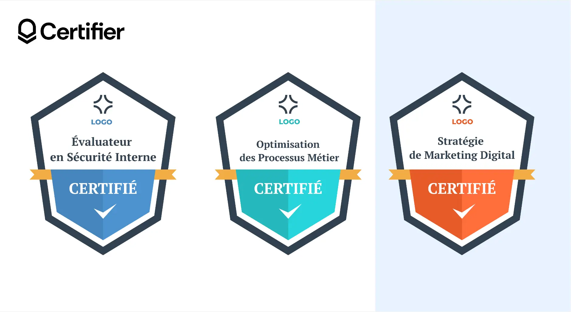 Exemples de badges en forme de bouclier en bleu et rouge. Exemples de badges en forme de bouclier en bleu et rouge.