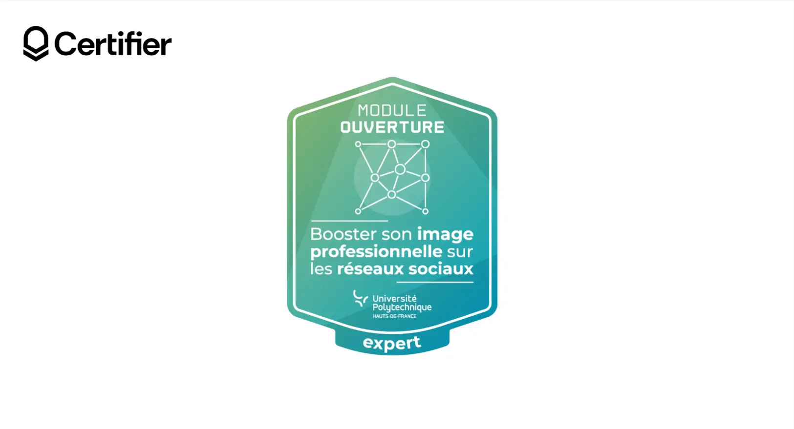 Design de badge numérique en français intitulé « Booster son image professionnelle sur les réseaux sociaux ». Design de badge numérique en français intitulé « Booster son image professionnelle sur les réseaux sociaux ».