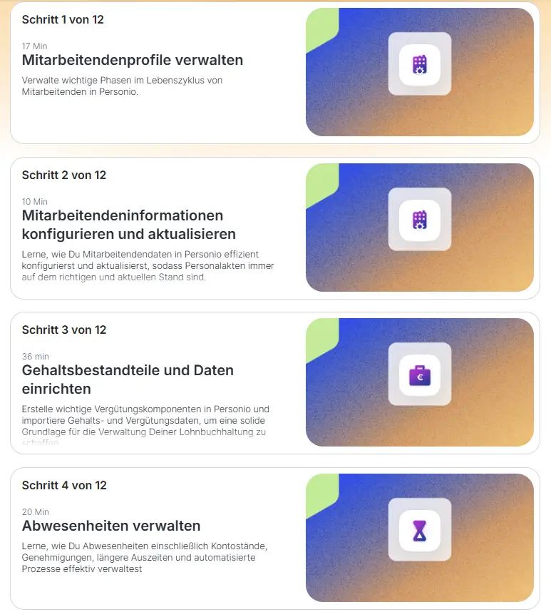 Personio-Lernplattform mit Schulungsschritten zu Mitarbeiterprofilen, Personaldaten, Gehaltsbestandteilen und Abwesenheiten als Beispiel für Gamification in HR. Personio-Lernplattform mit Schulungsschritten zu Mitarbeiterprofilen, Personaldaten, Gehaltsbestandteilen und Abwesenheiten als Beispiel für Gamification in HR.