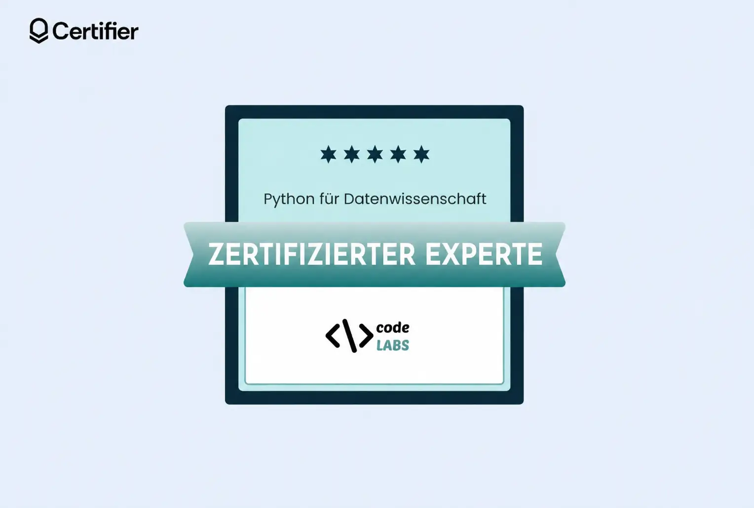 Badge auf Deutsch für „Python für Datenwissenschaft“ mit fünf Sternen, Code-Labs-Logo und dem Titel „Zertifizierter Experte“ als Beispiel für Gamification-Badges in der Weiterbildung. Badge auf Deutsch für „Python für Datenwissenschaft“ mit fünf Sternen, Code-Labs-Logo und dem Titel „Zertifizierter Experte“ als Beispiel für Gamification-Badges in der Weiterbildung.