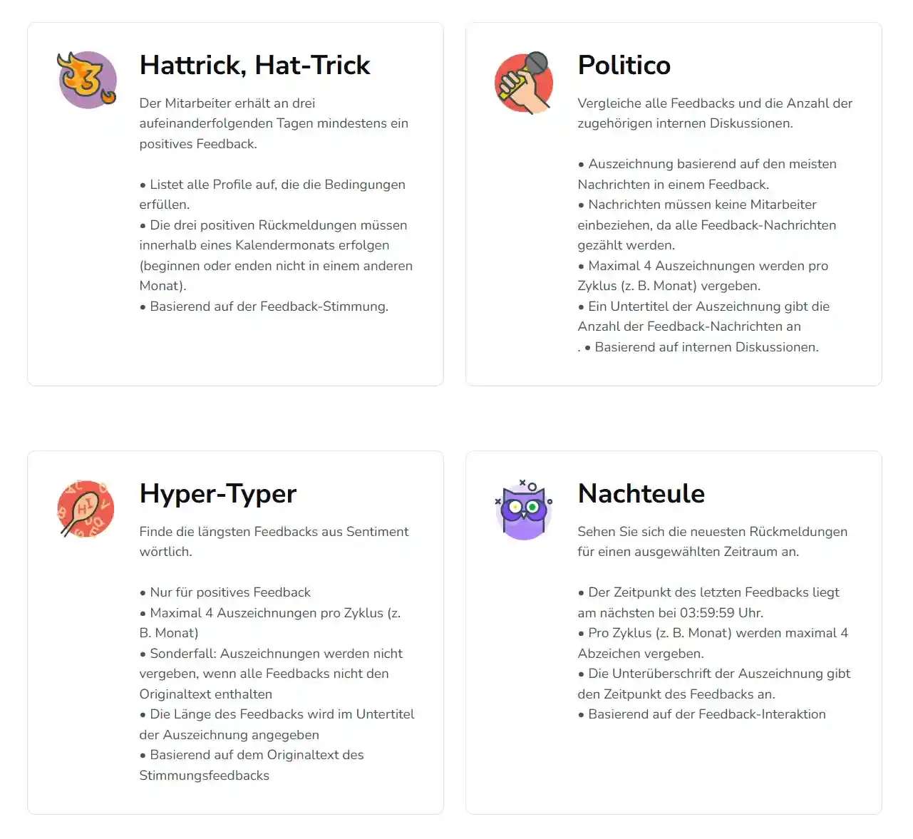Staffino-Auszeichnungen als Badge Gamification Beispiel für Kundenfeedback, positive Rückmeldungen und serviceorientierte Gamification Beispiele im Team. Staffino-Auszeichnungen als Badge Gamification Beispiel für Kundenfeedback, positive Rückmeldungen und serviceorientierte Gamification Beispiele im Team.