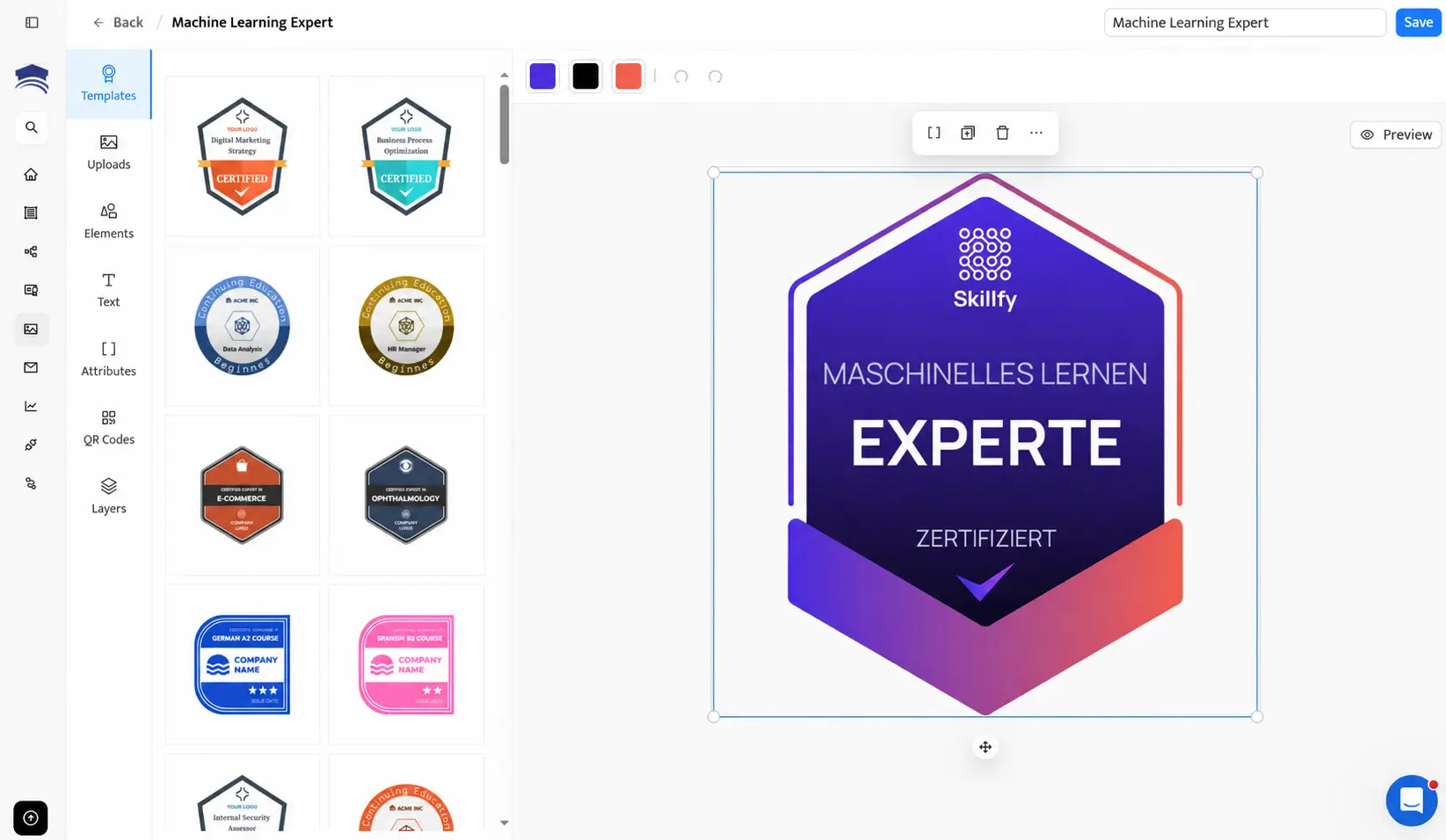 Badge-Editor von Certifier mit einem deutschen Badge für maschinelles Lernen, auf dem die Texte „Maschinelles Lernen“, „Experte“ und „Zertifiziert“ zu sehen sind. Badge-Editor von Certifier mit einem deutschen Badge für maschinelles Lernen, auf dem die Texte „Maschinelles Lernen“, „Experte“ und „Zertifiziert“ zu sehen sind.