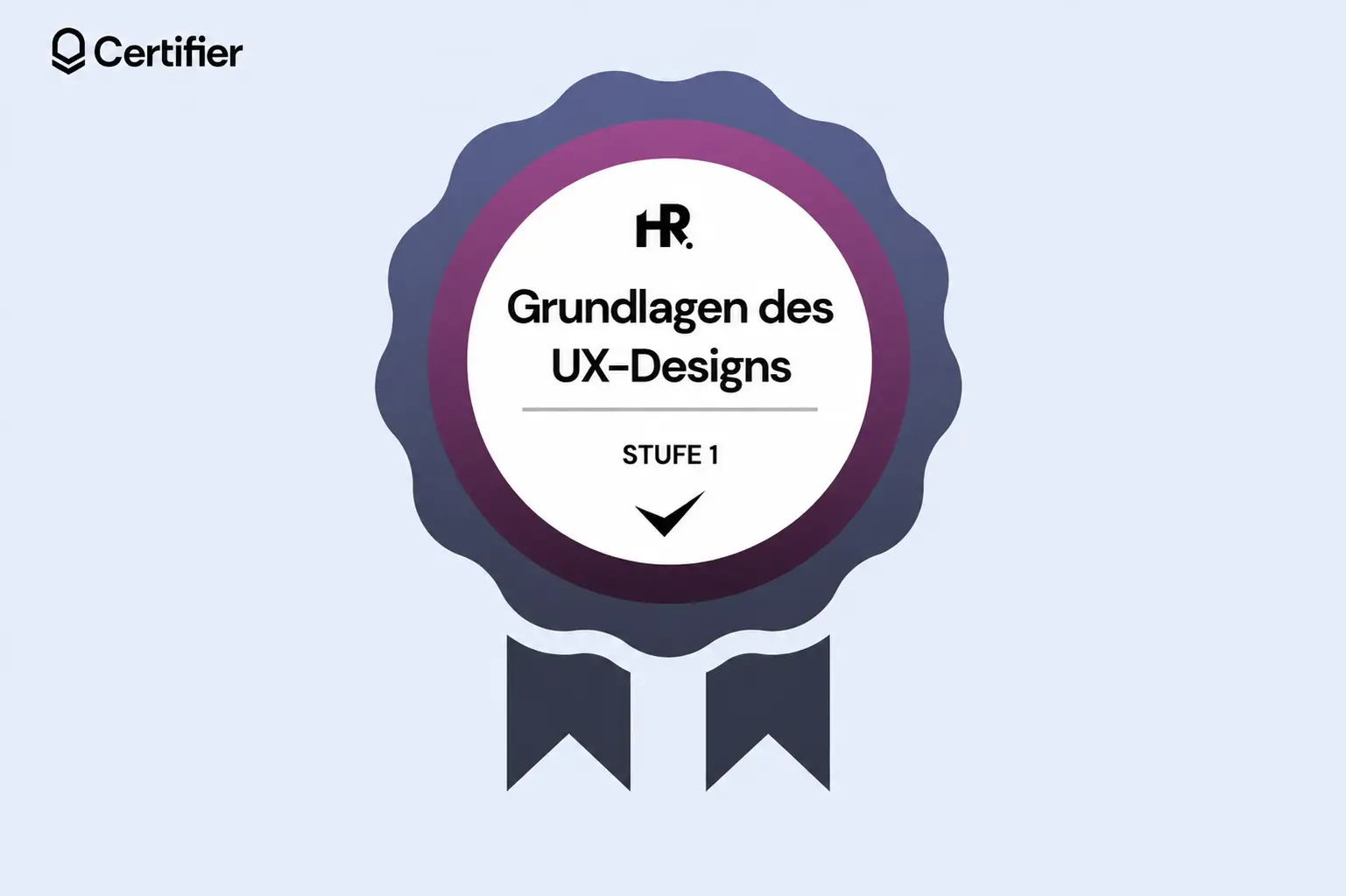 Badge auf Deutsch mit der Aufschrift „Grundlagen des UX-Designs“ und „Stufe 1“, dargestellt als professionelles Zertifizierungsabzeichen. Badge auf Deutsch mit der Aufschrift „Grundlagen des UX-Designs“ und „Stufe 1“, dargestellt als professionelles Zertifizierungsabzeichen.