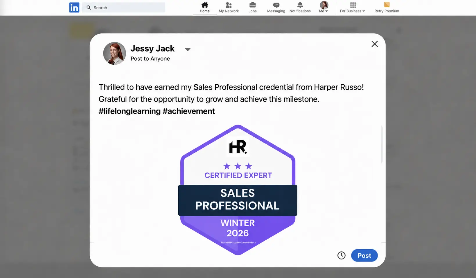 LinkedIn post with a digital badge earned in learning pathways for employee growth. LinkedIn post with a digital badge earned in learning pathways for employee growth.