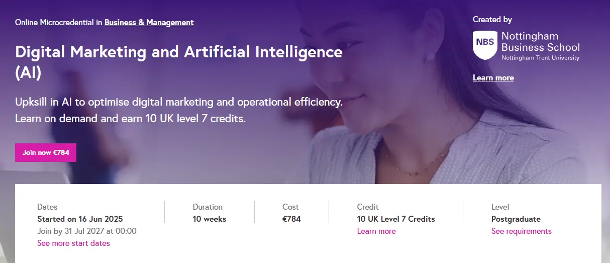FutureLearn Digital Marketing and AI micro-credential with postgraduate level and UK credits. FutureLearn Digital Marketing and AI micro-credential with postgraduate level and UK credits.