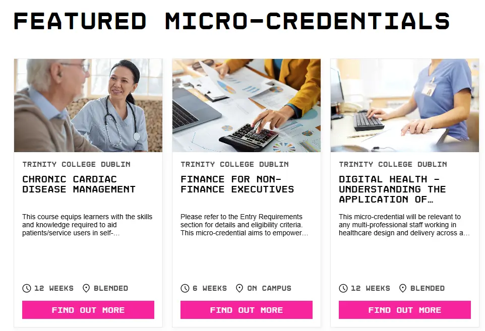 Trinity College Dublin featured microcredentials in higher education with healthcare and finance program examples. Trinity College Dublin featured microcredentials in higher education with healthcare and finance program examples.