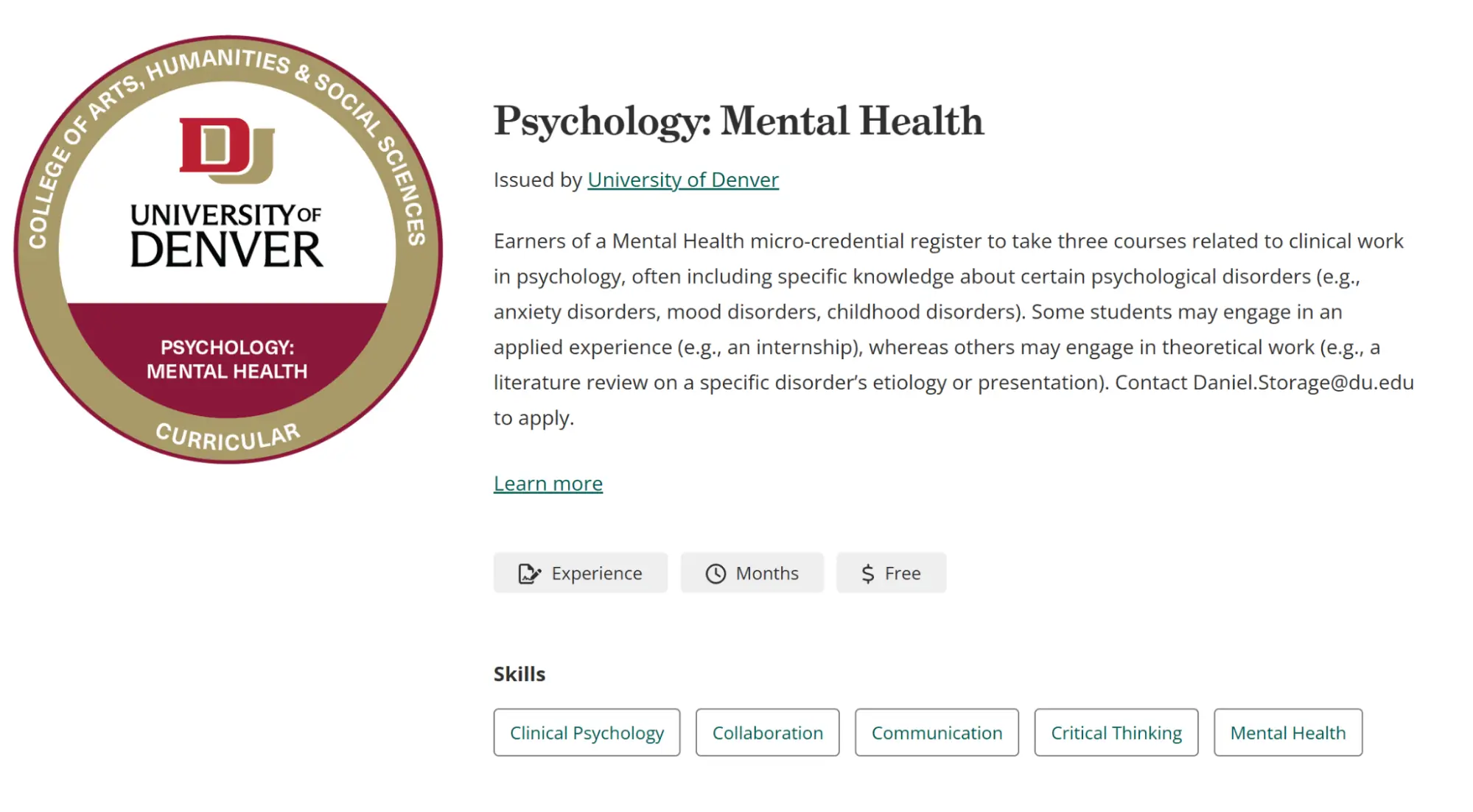 University of Denver Psychology Mental Health badge as an example of microcredentials in higher education. University of Denver Psychology Mental Health badge as an example of microcredentials in higher education.