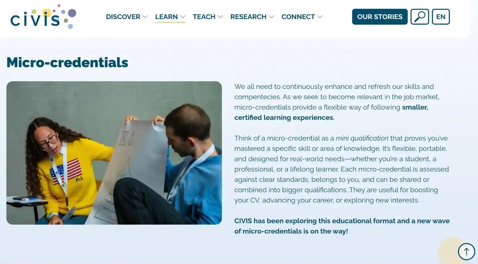 CIVIS micro credentials EU page describing flexible certified learning experiences and portable microcredentials. CIVIS micro credentials EU page describing flexible certified learning experiences and portable microcredentials.